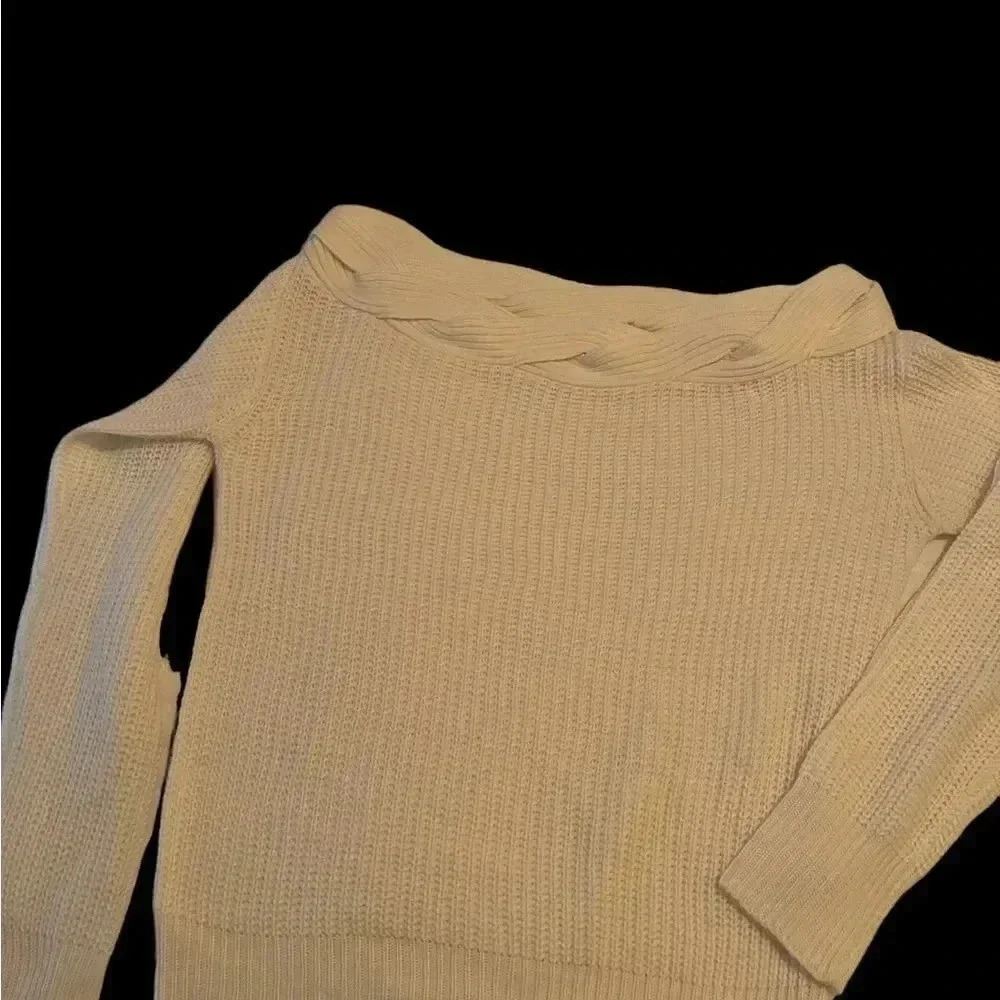Off the shoulder cream sweater with braided neckline. - Picture 5 of 7